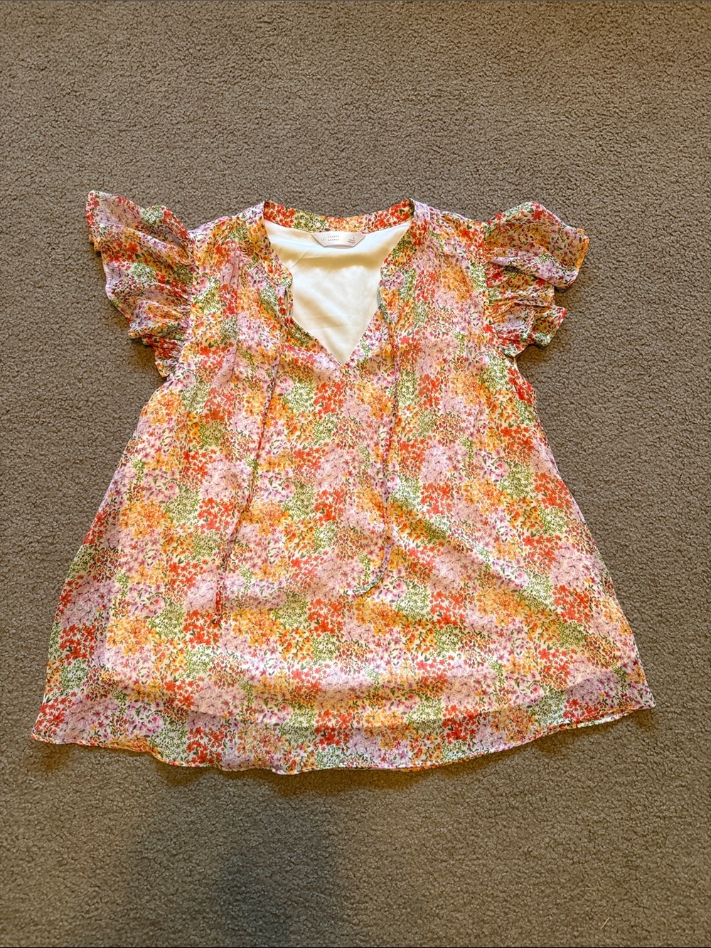 LC Lauren Conrad Cream Blouse with Pink, Orange & Green Floral Trim